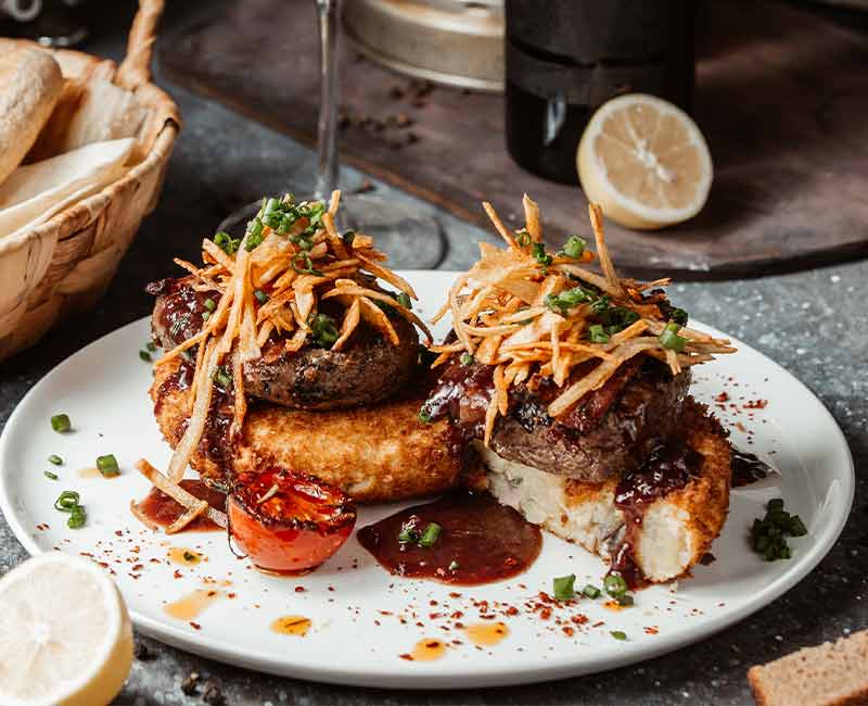 Potato Topped with Beef Patties