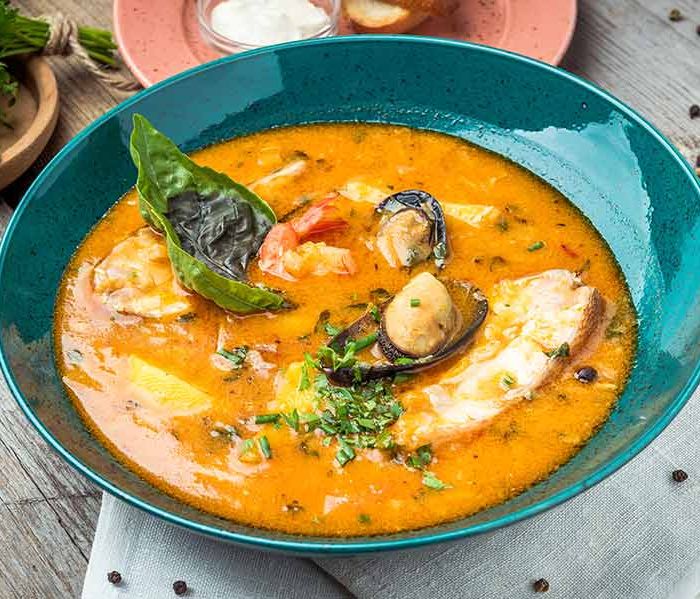 Fish soup with seafood and vegetables
