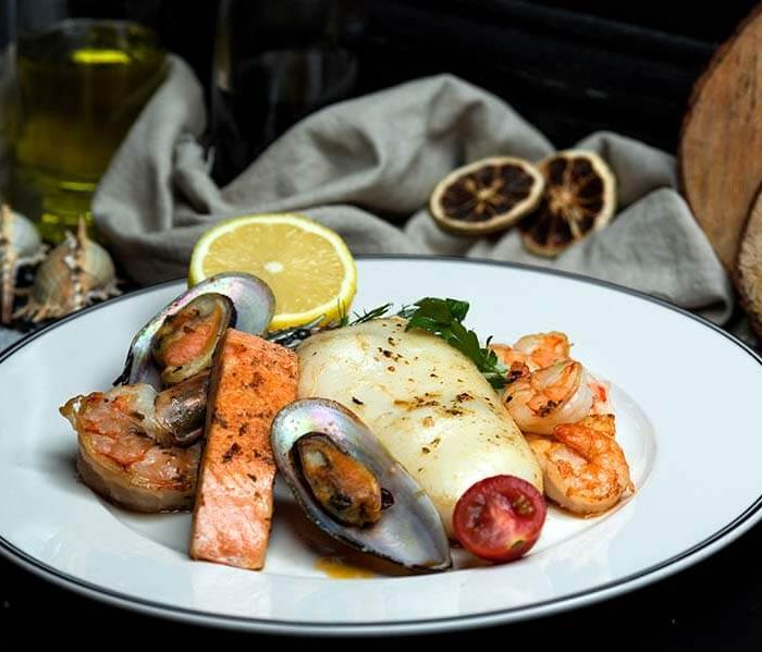 Seafood plate with fried salmon