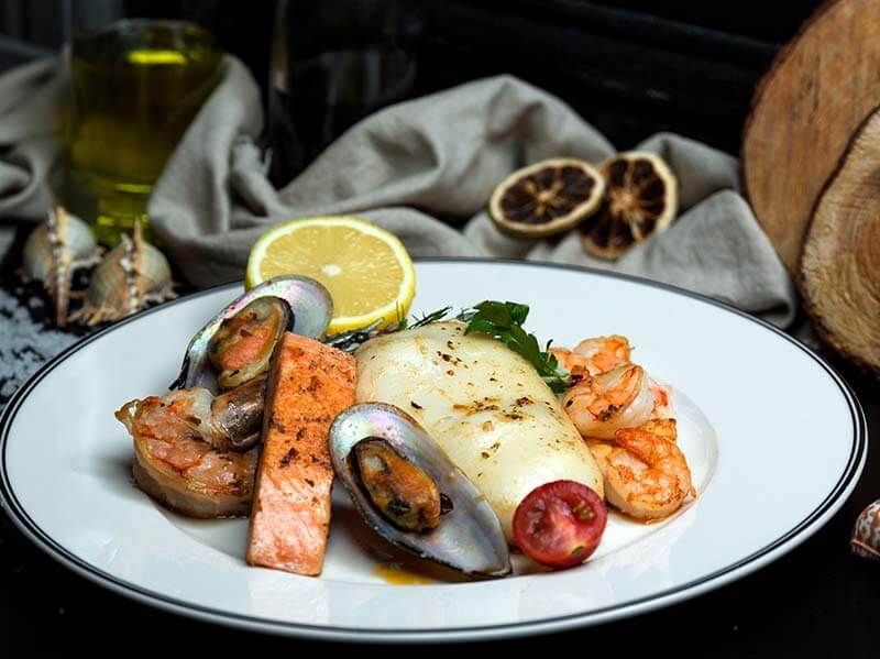 Seafood plate with fried salmon