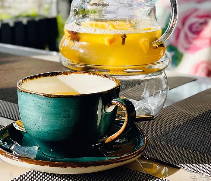 Sea buckthorn herbal tea with fresh leaves